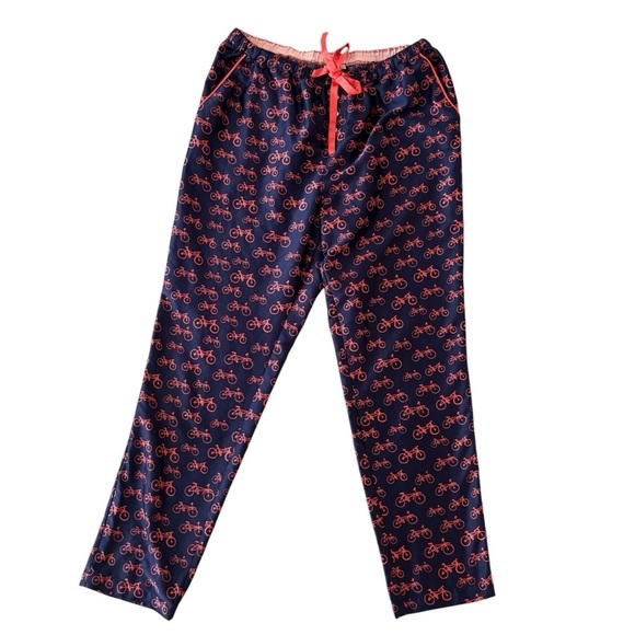 ANTHROPOLOGIE‎ Eloise Bike Print Pajama Bottoms Blue Satin Loungewear. Small - Picture 1 of 5
